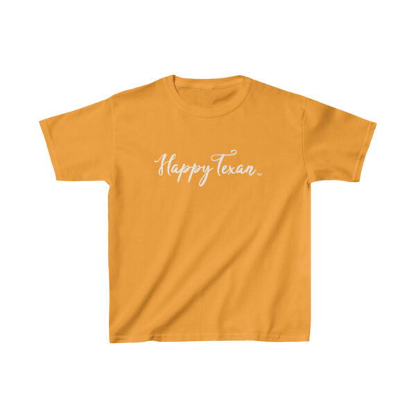 A yellow Kids Heavy Cotton™ Tee that says happy tuesday.