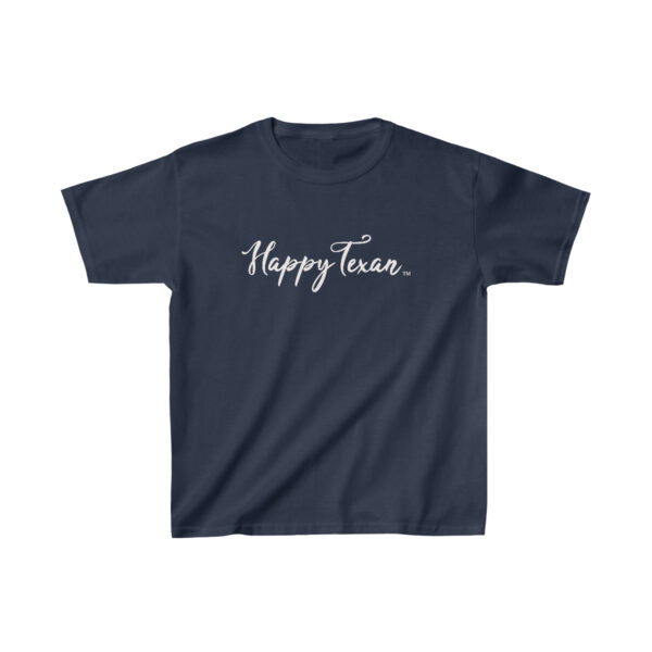 A navy Kids Heavy Cotton™ Tee that says happy tuesday.