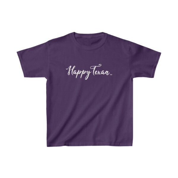 A purple Kids Heavy Cotton™ Tee that says happy tuesday.