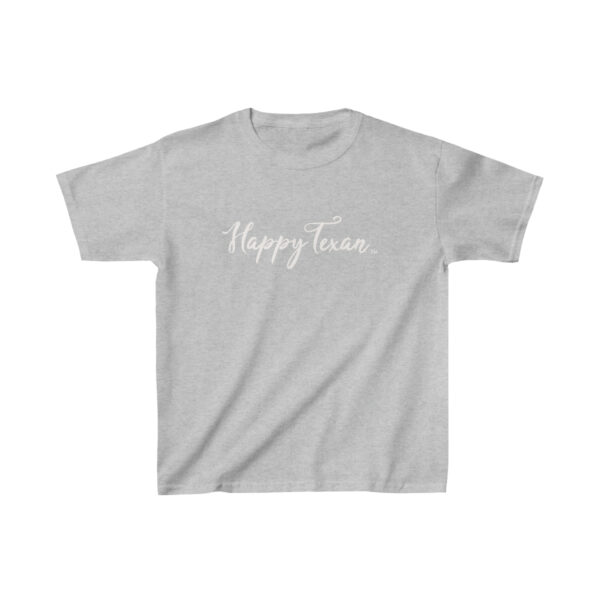 A gray Kids Heavy Cotton™ Tee with the word happy town on it.