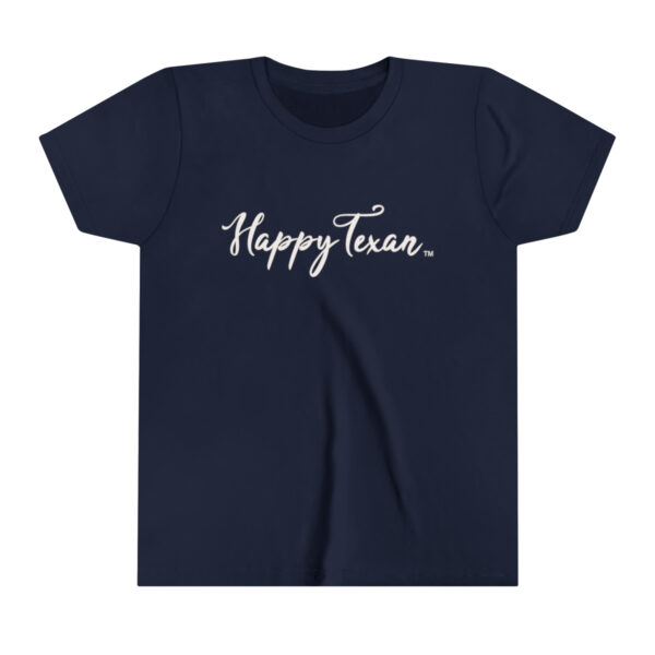 A navy Copy of Youth Short Sleeve Tee with the word happy team on it.