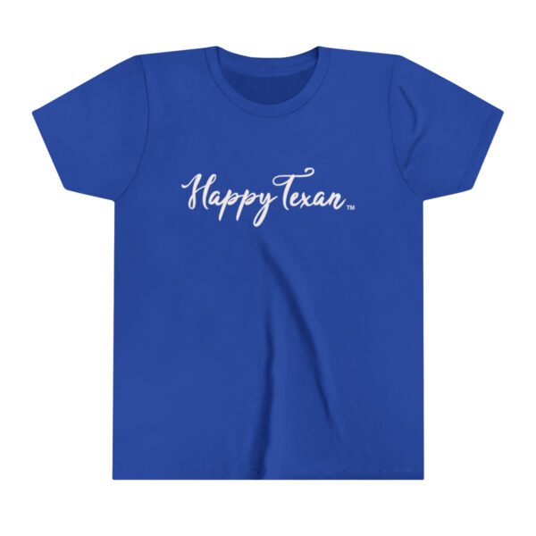 A Copy of Youth Short Sleeve Tee with the word happy team on it.